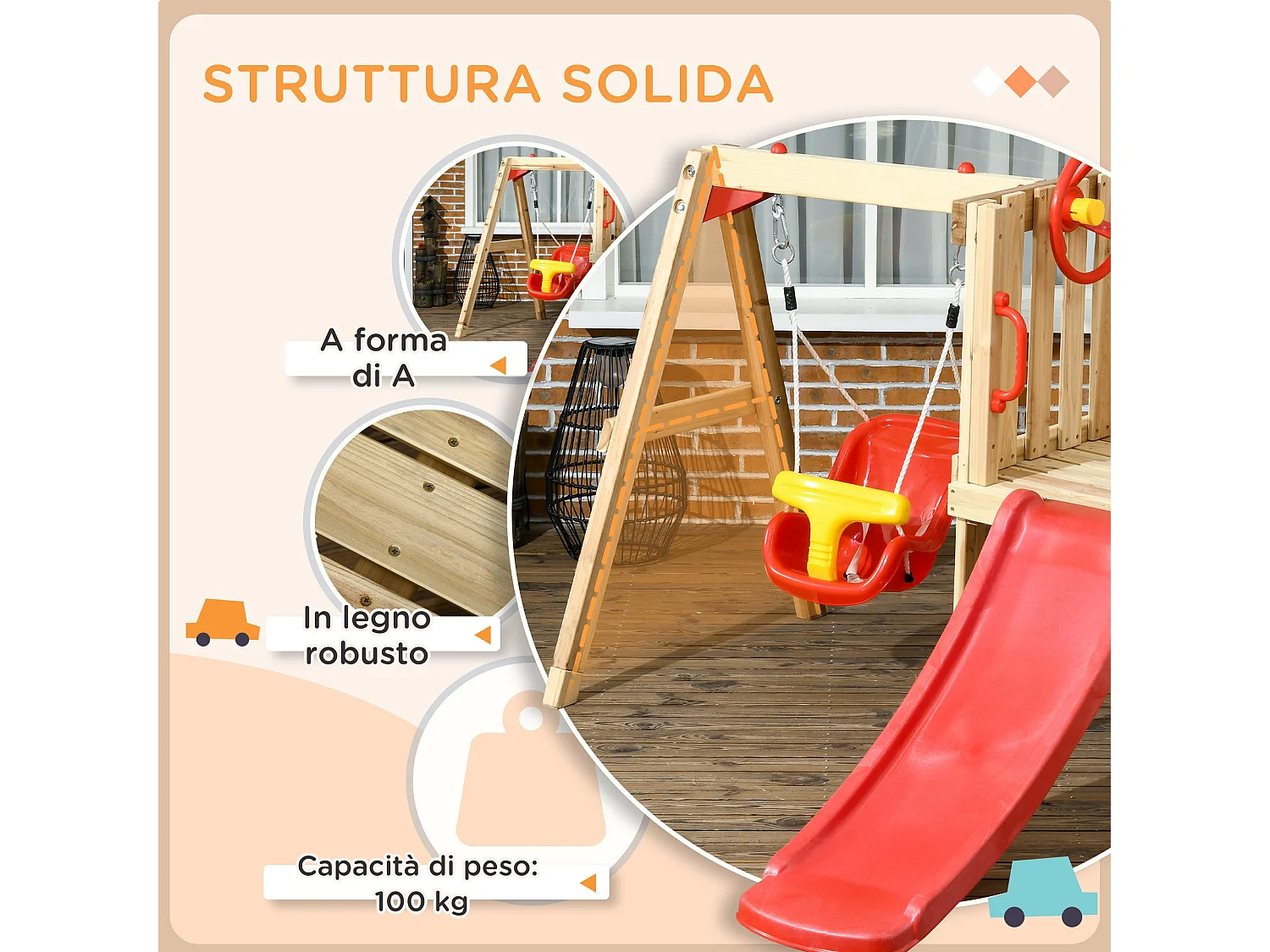Set scivolo e altalena per bambini 18-48 mesi in legno e plastica