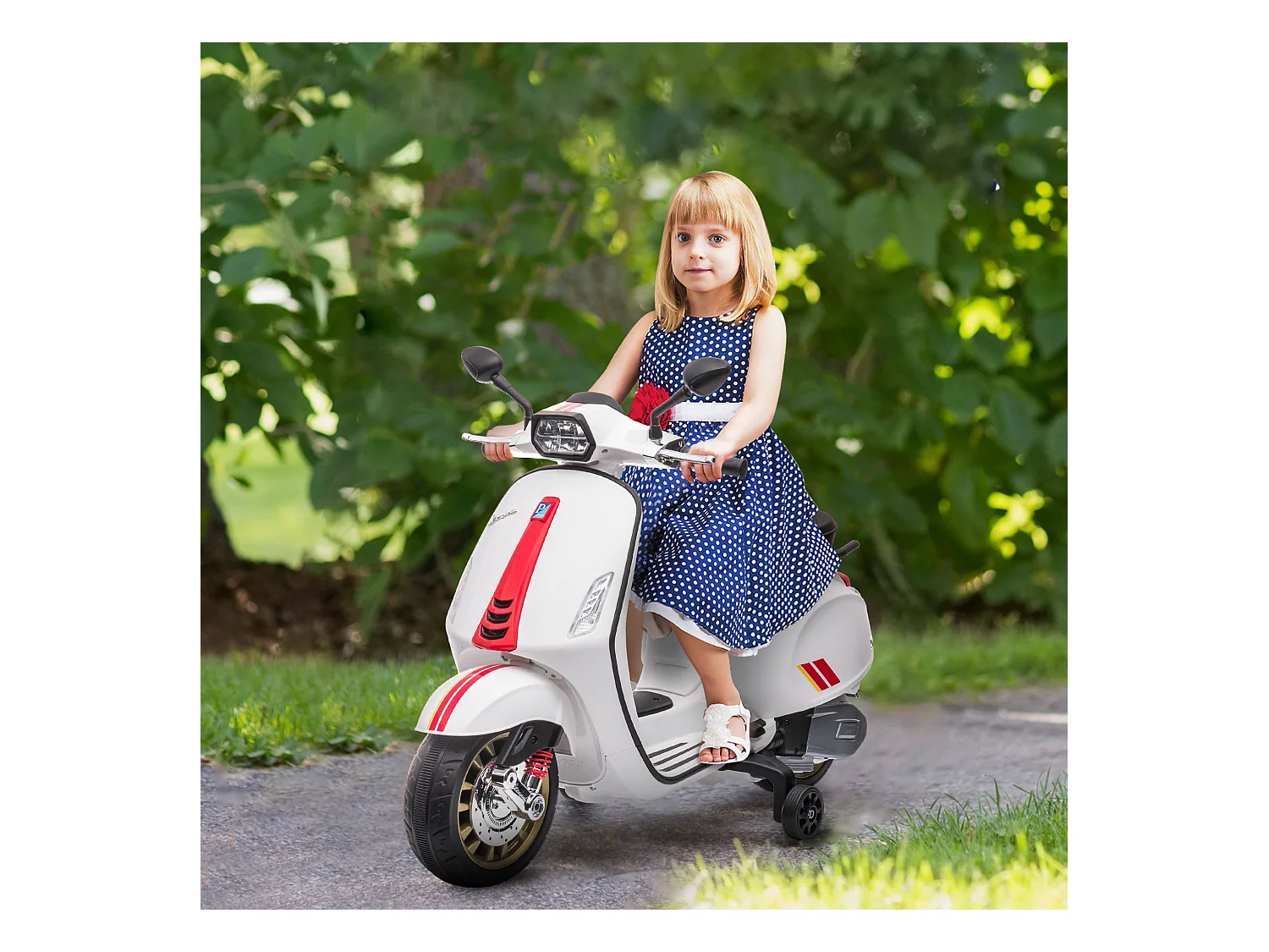 Moto elettrica per bambini licenza vespa con rotelle e fanale bianco
