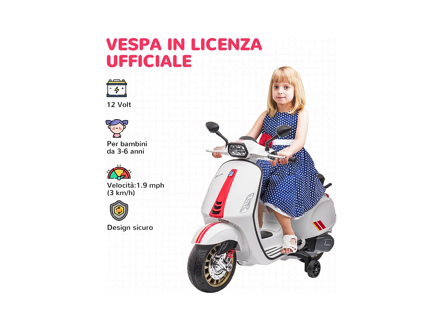 Moto elettrica per bambini licenza vespa con rotelle e fanale bianco