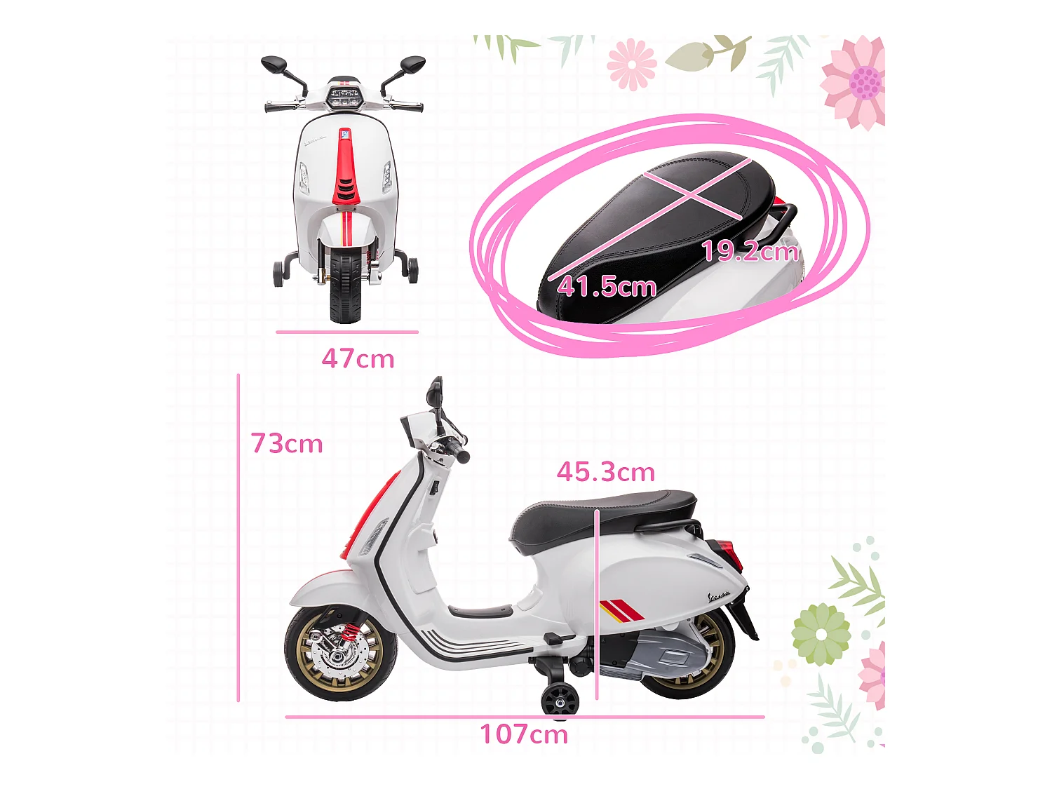 Moto elettrica per bambini licenza vespa con rotelle e fanale bianco