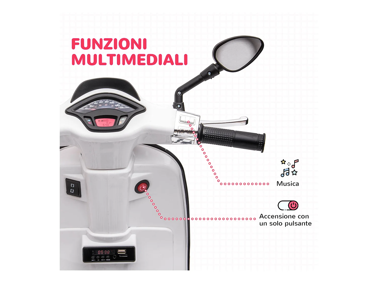 Moto elettrica per bambini licenza vespa con rotelle e fanale bianco