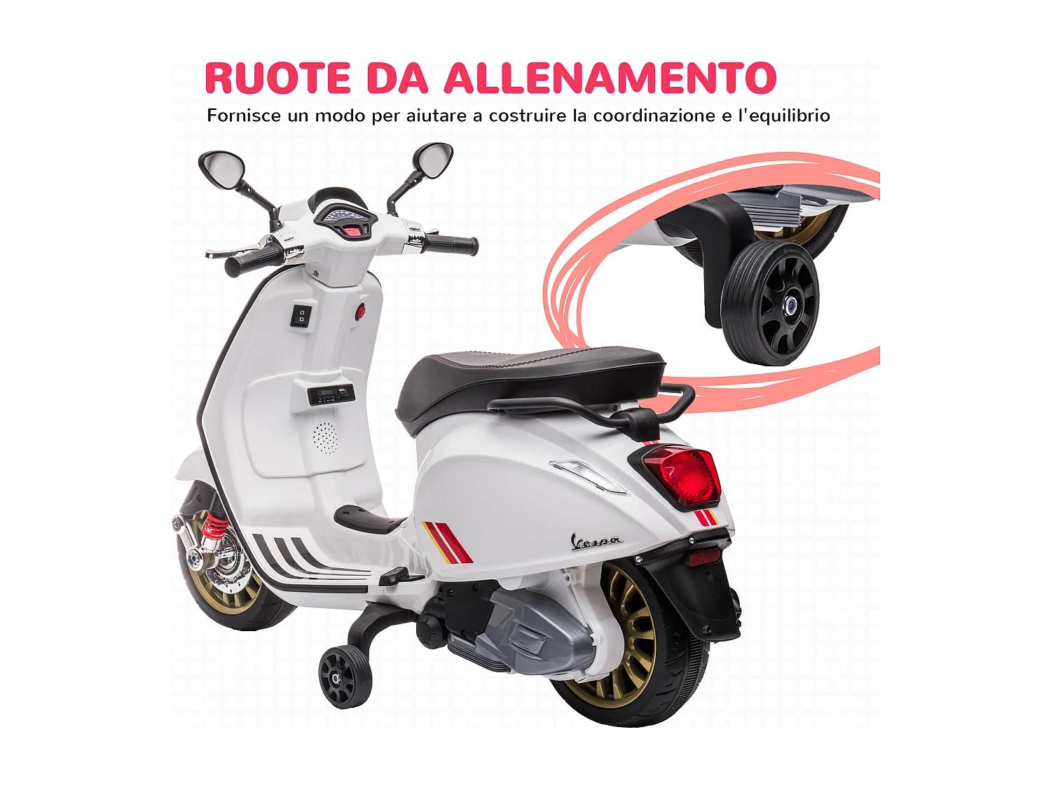 Moto elettrica per bambini licenza vespa con rotelle e fanale bianco