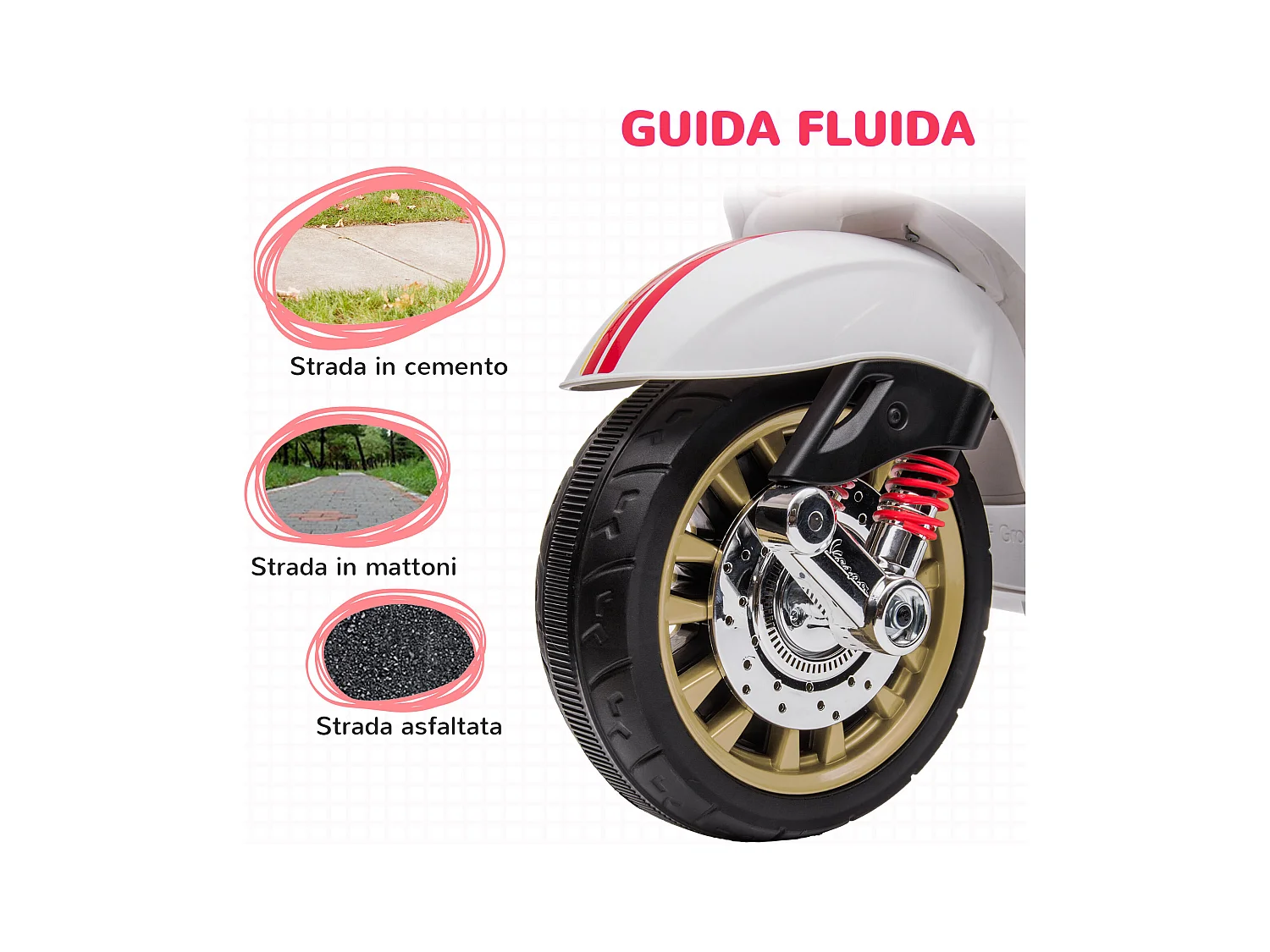 Moto elettrica per bambini licenza vespa con rotelle e fanale bianco