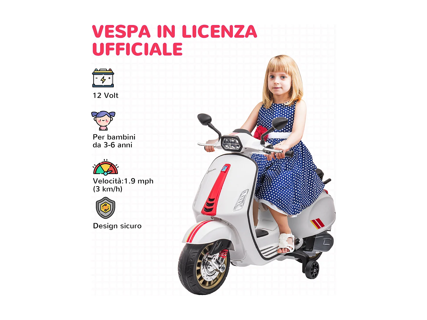 Moto elettrica per bambini licenza vespa con rotelle e fanale bianco