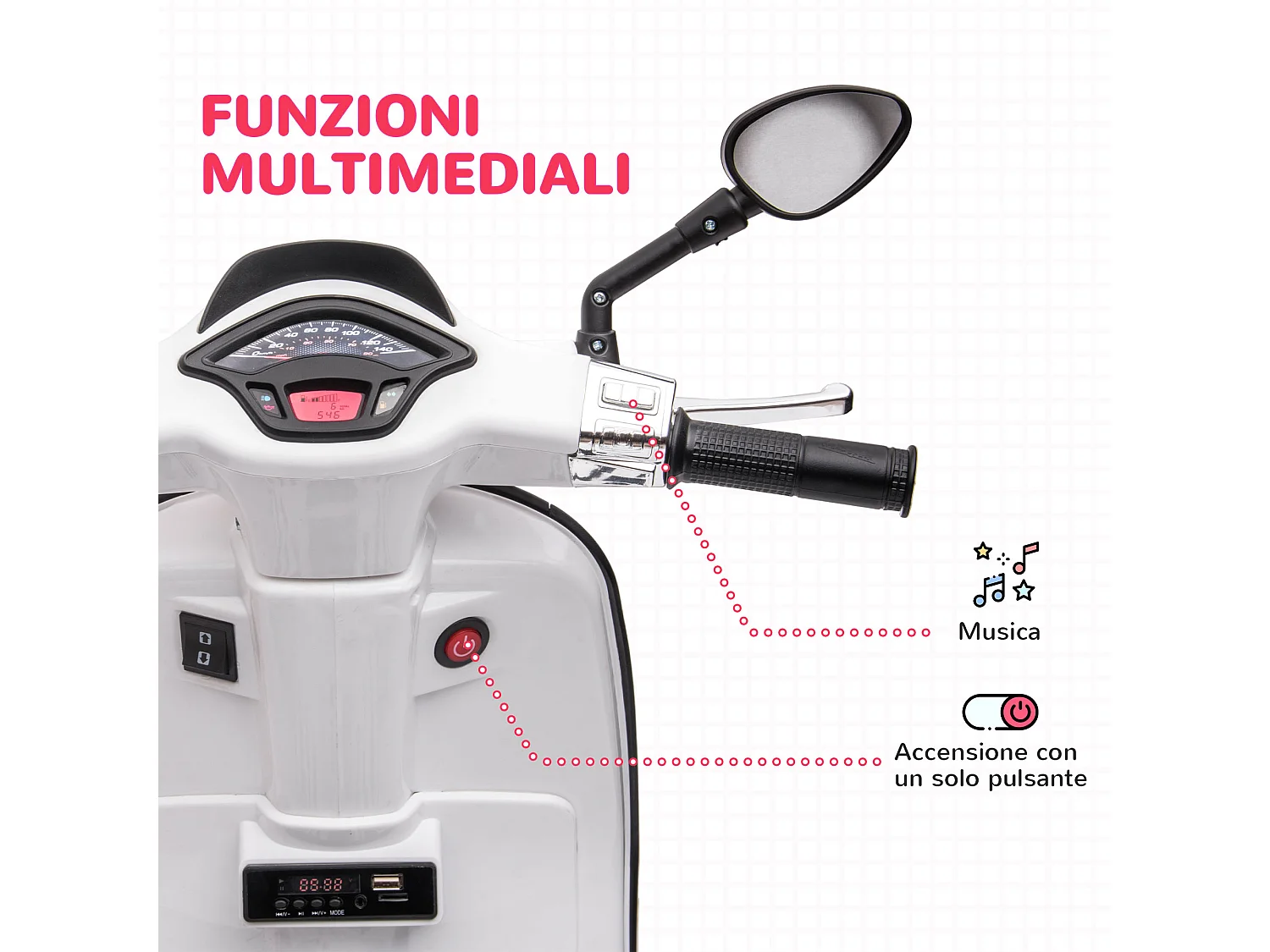 Moto elettrica per bambini licenza vespa con rotelle e fanale bianco