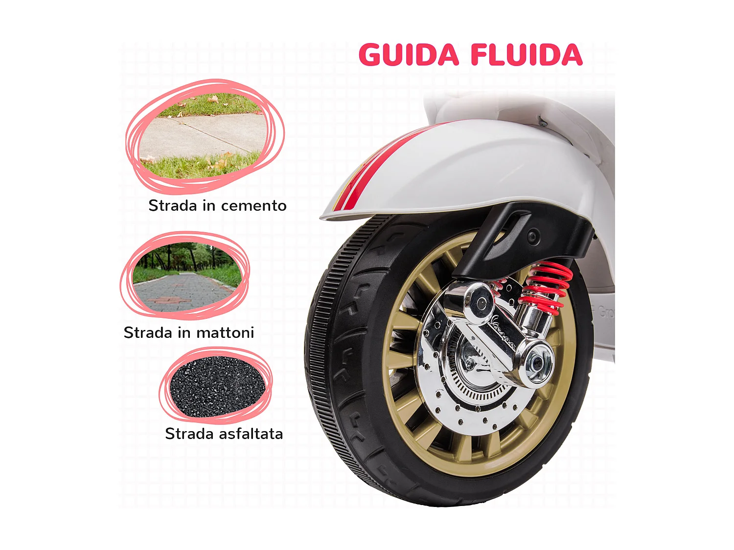 Moto elettrica per bambini licenza vespa con rotelle e fanale bianco