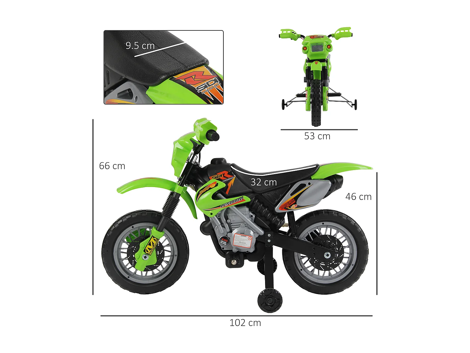 Moto da cross per bambini da 3 anni in su 6v con rotelle verde