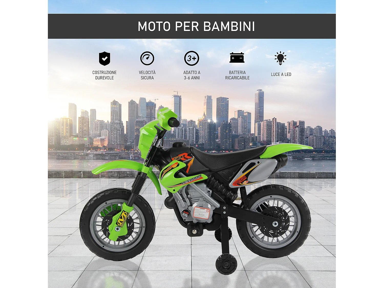 Moto da cross per bambini da 3 anni in su 6v con rotelle verde