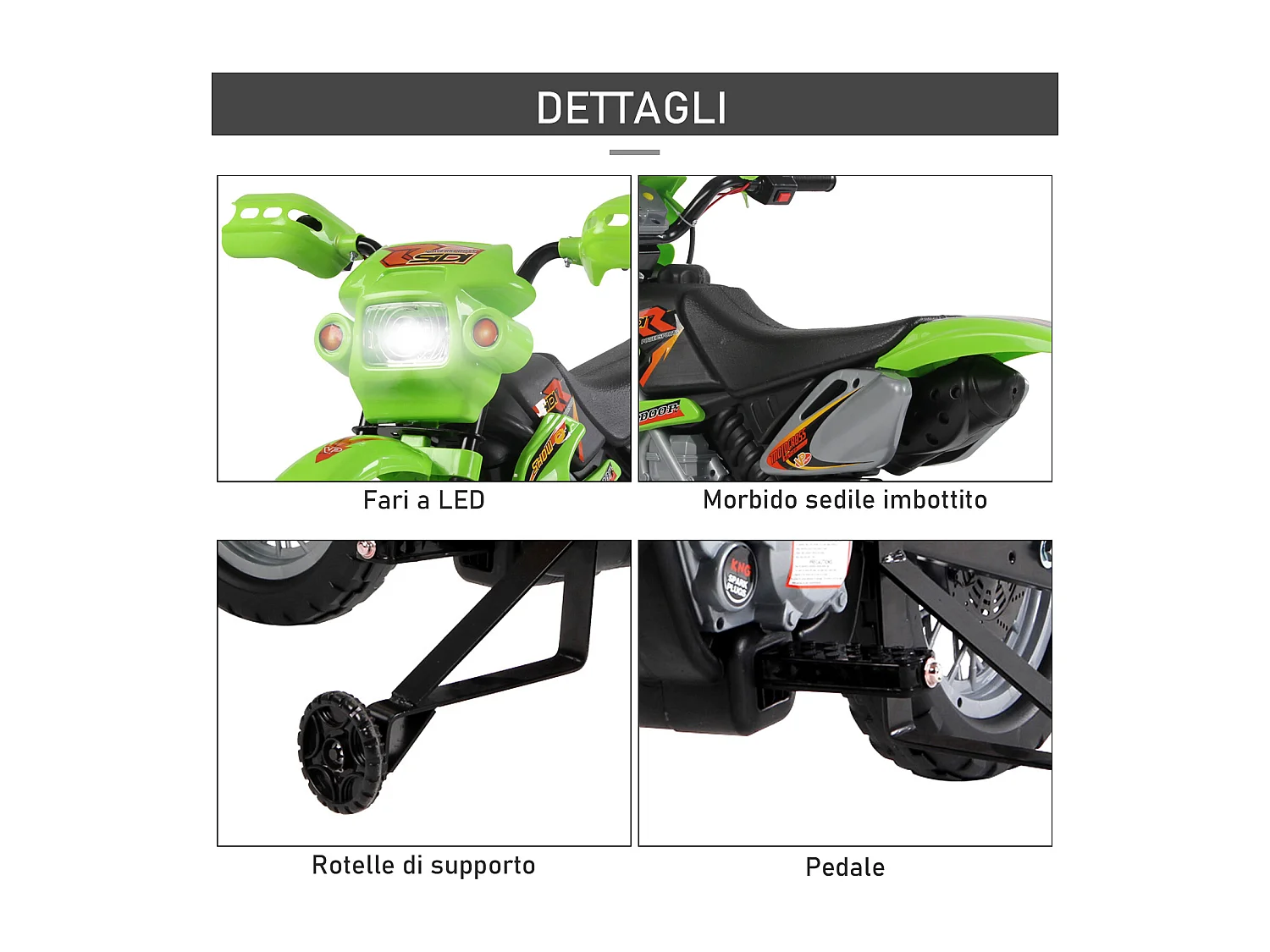 Moto da cross per bambini da 3 anni in su 6v con rotelle verde