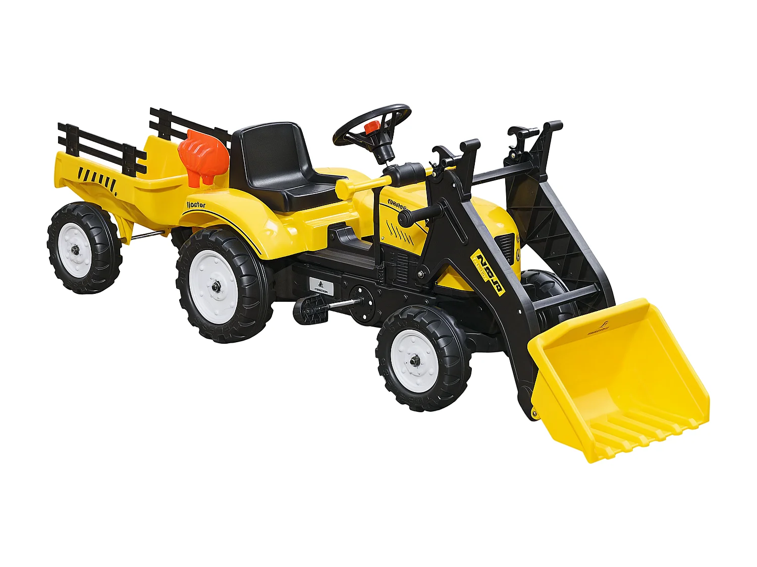 Escavatore a pedali per bambini con ruspa e rimorchio giallo