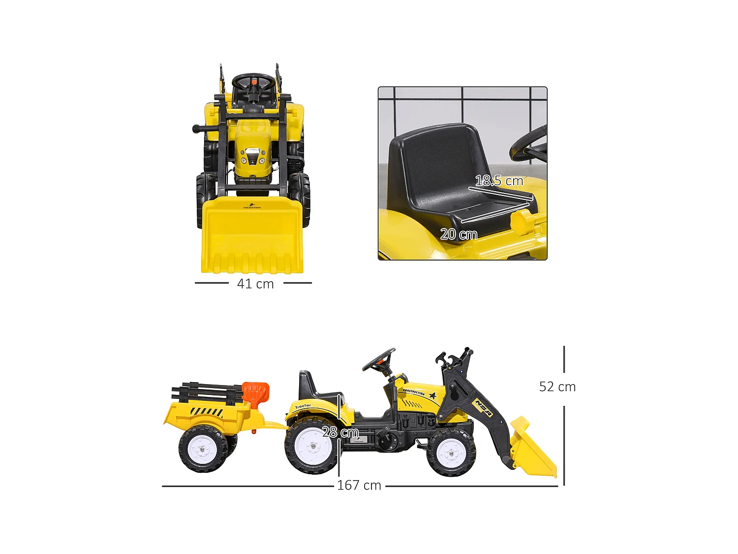 Escavatore a pedali per bambini con ruspa e rimorchio giallo