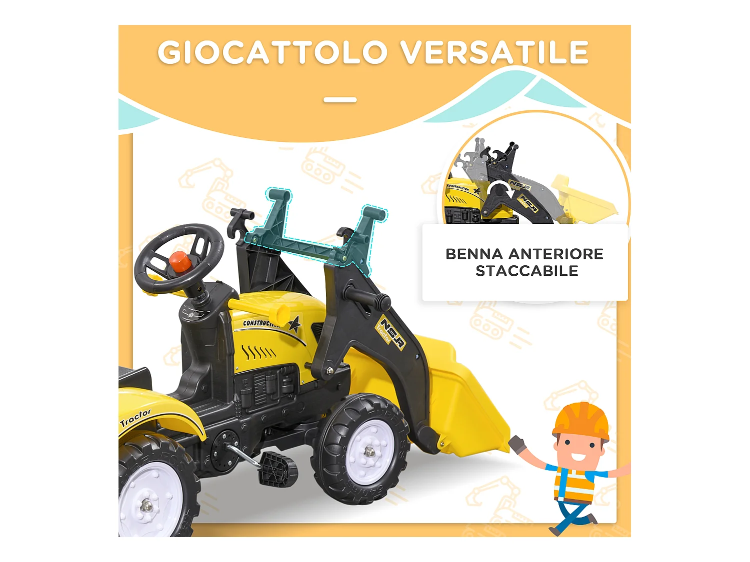 Escavatore a pedali per bambini con ruspa e rimorchio giallo