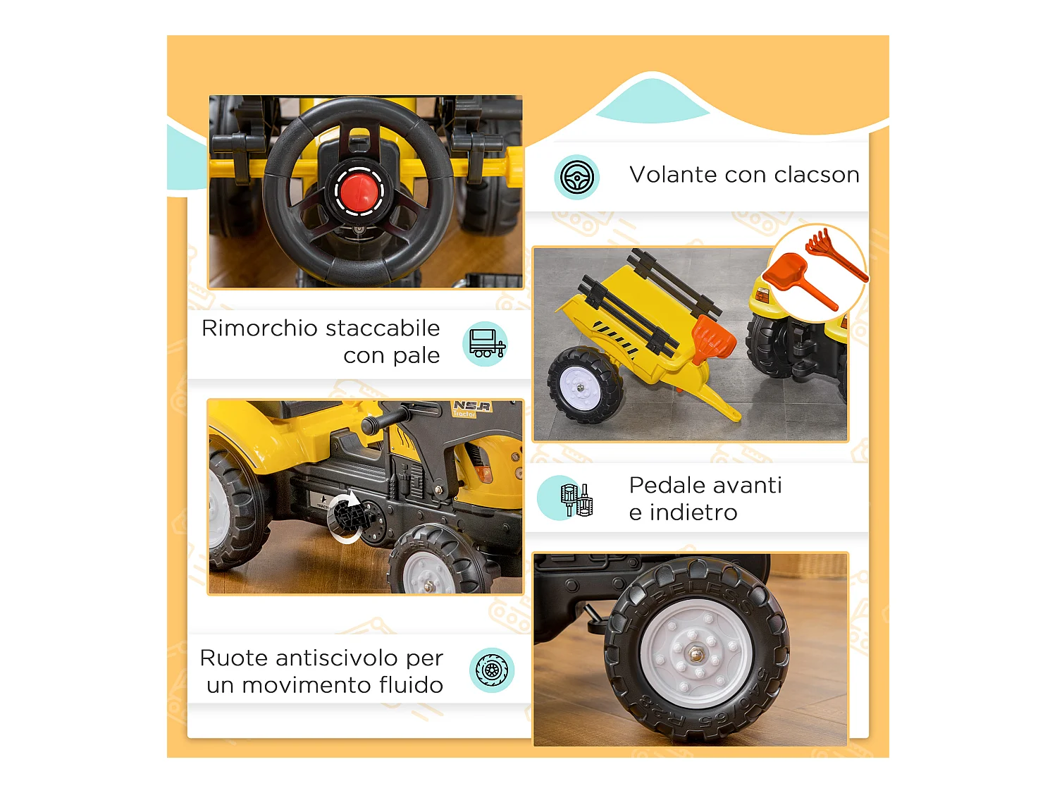 Escavatore a pedali per bambini con ruspa e rimorchio giallo