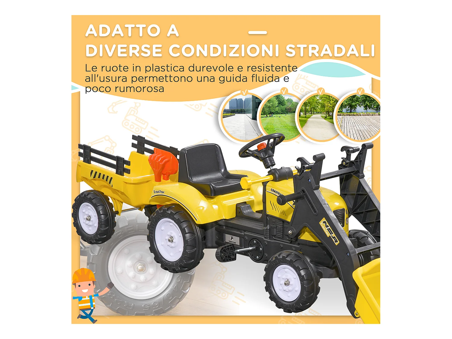 Escavatore a pedali per bambini con ruspa e rimorchio giallo