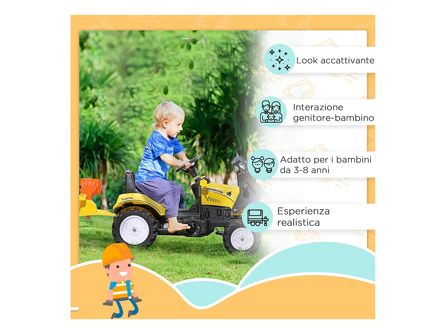 Escavatore a pedali per bambini con ruspa e rimorchio giallo