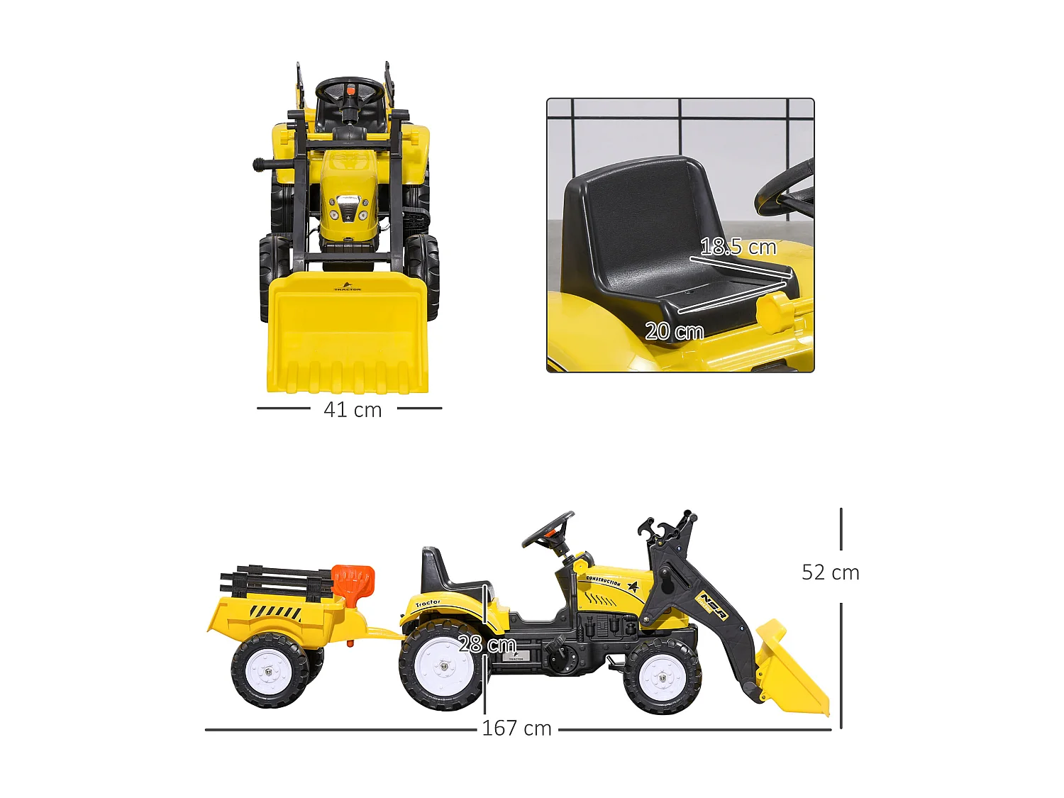 Escavatore a pedali per bambini con ruspa e rimorchio giallo