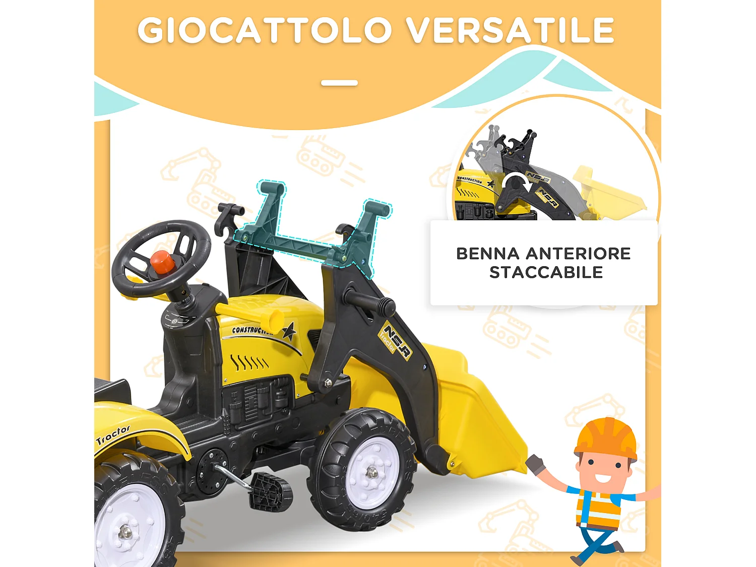 Escavatore a pedali per bambini con ruspa e rimorchio giallo