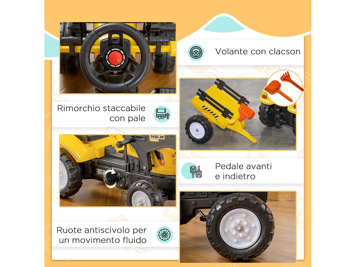 Escavatore a pedali per bambini con ruspa e rimorchio giallo
