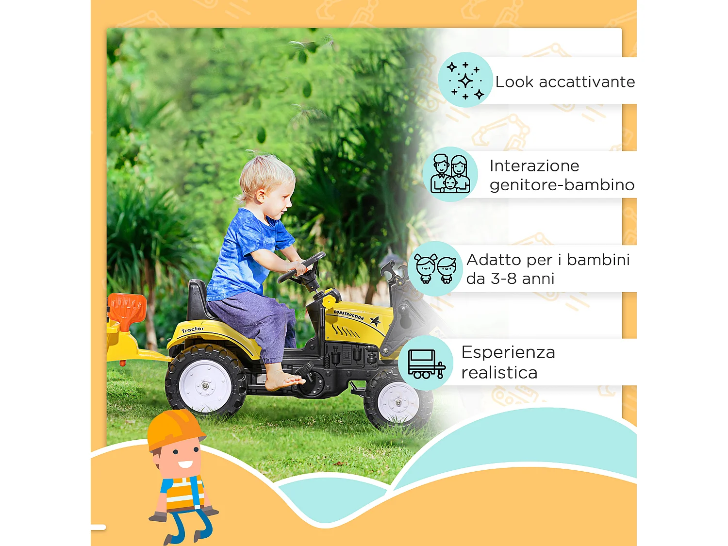 Escavatore a pedali per bambini con ruspa e rimorchio giallo