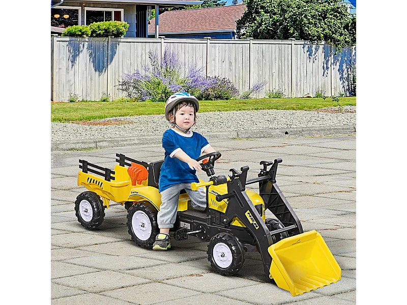 Escavatore a pedali per bambini con ruspa e rimorchio giallo