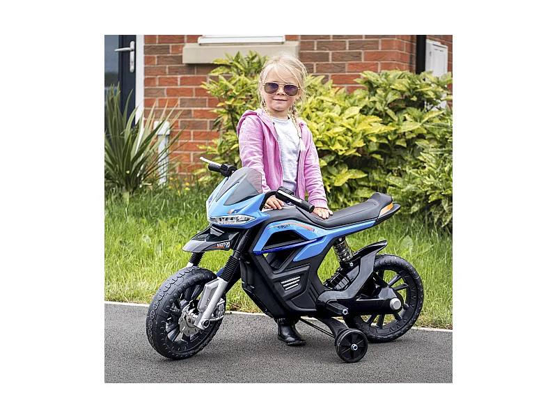 Moto elettrica per bambini 6v con rotelle e fari azzurro e nero