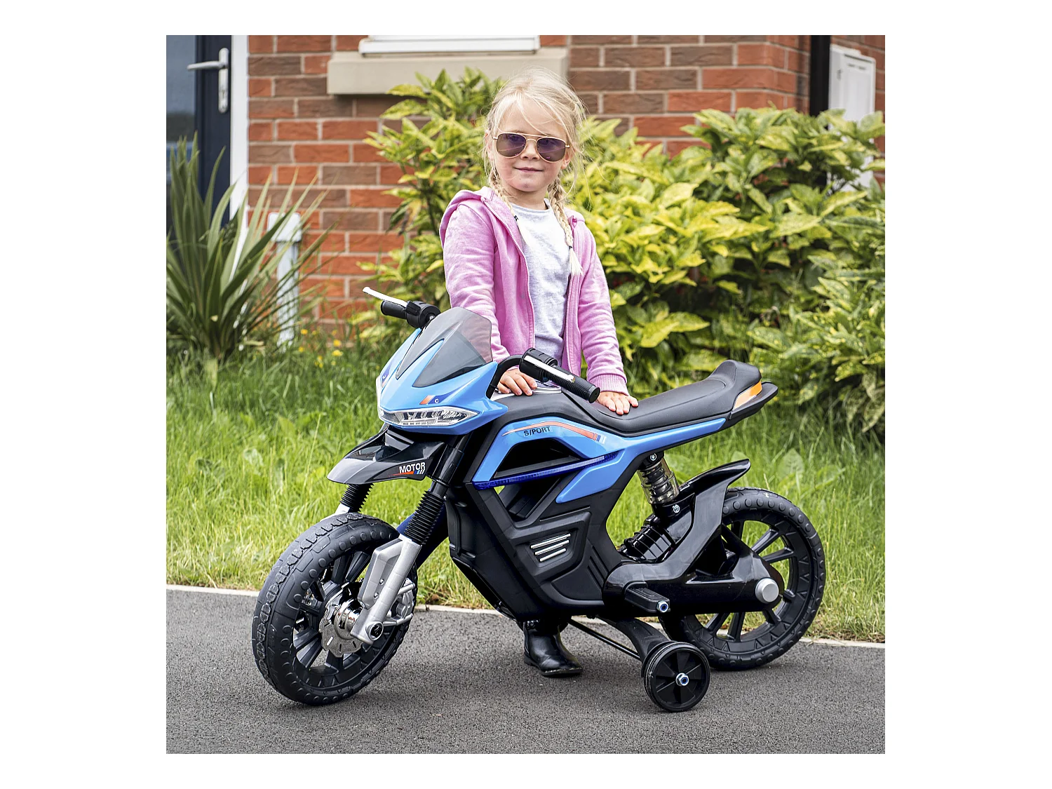Moto elettrica per bambini 6v con rotelle e fari azzurro e nero