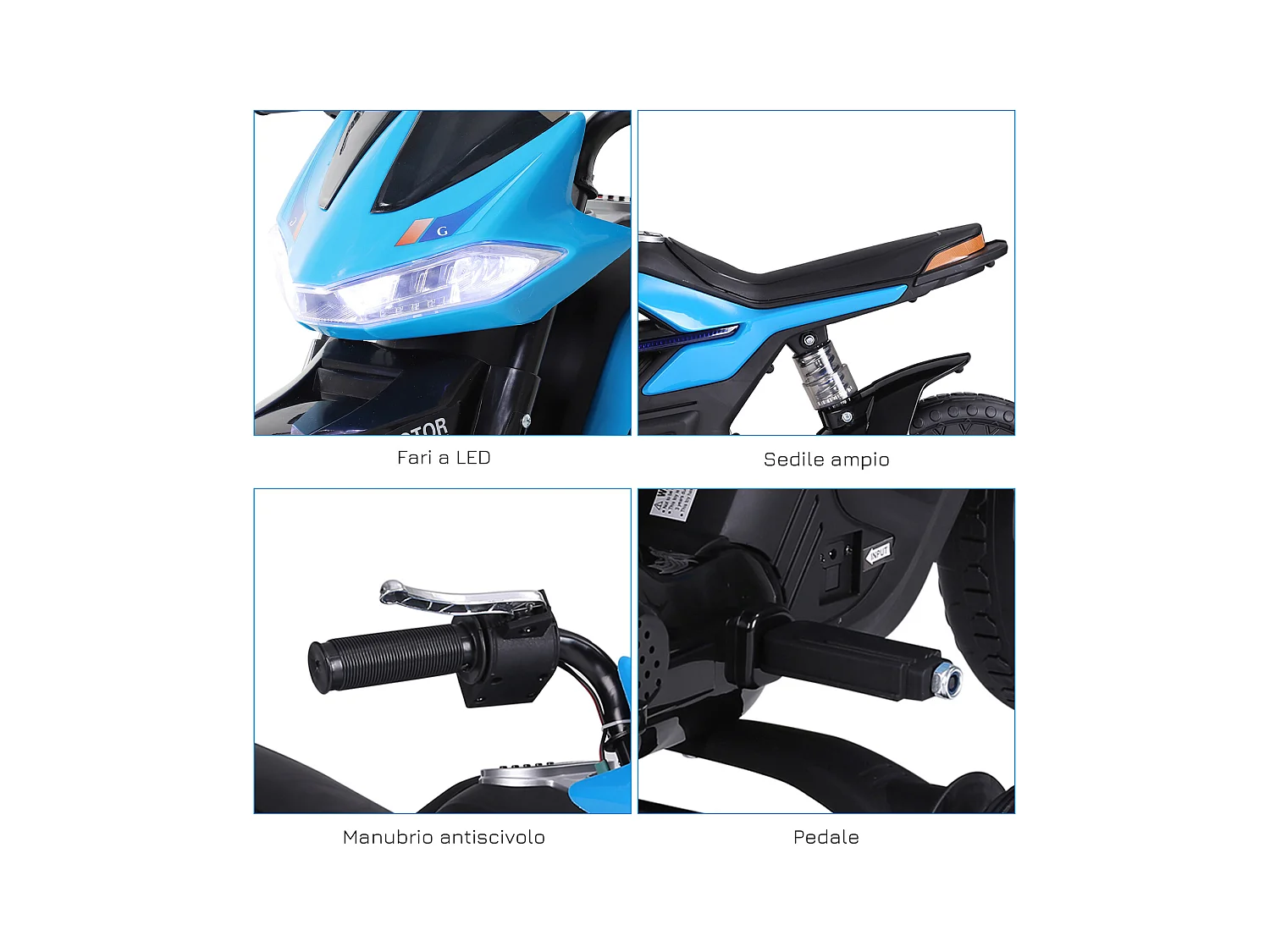 Moto elettrica per bambini 6v con rotelle e fari azzurro e nero