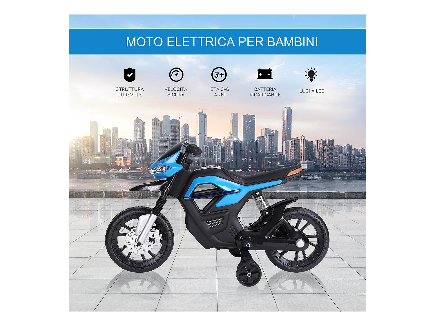 Moto elettrica per bambini 6v con rotelle e fari azzurro e nero