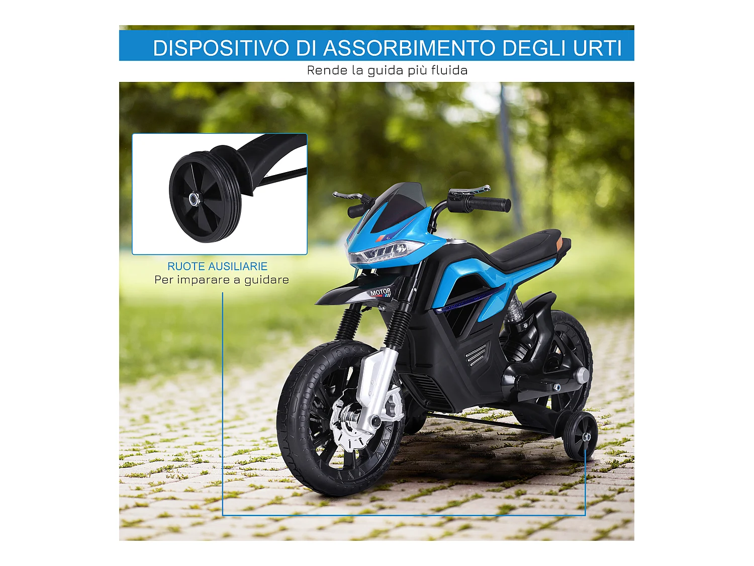 Moto elettrica per bambini 6v con rotelle e fari azzurro e nero