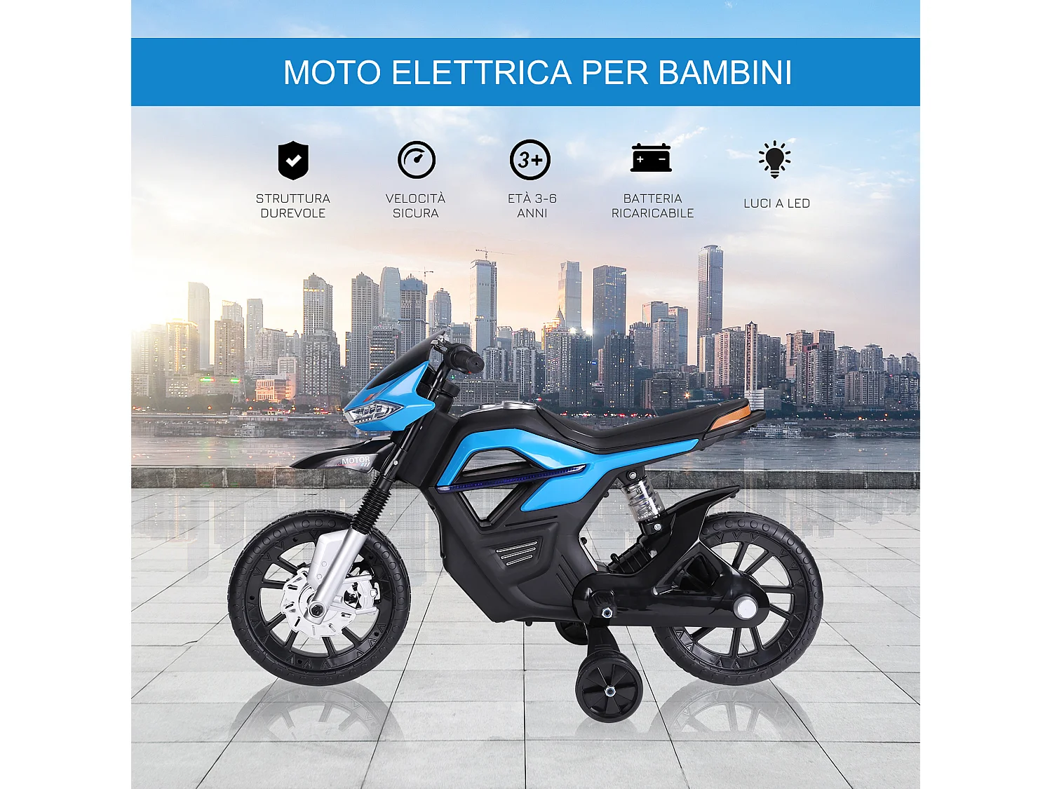 Moto elettrica per bambini 6v con rotelle e fari azzurro e nero