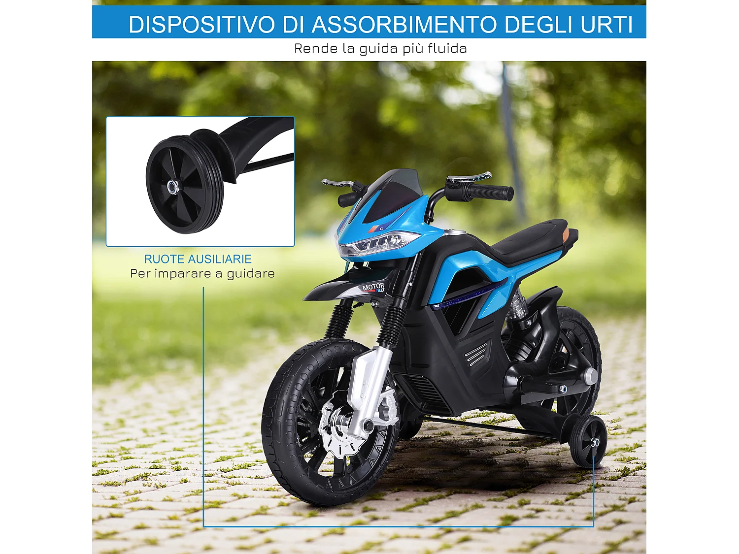 Moto elettrica per bambini 6v con rotelle e fari azzurro e nero