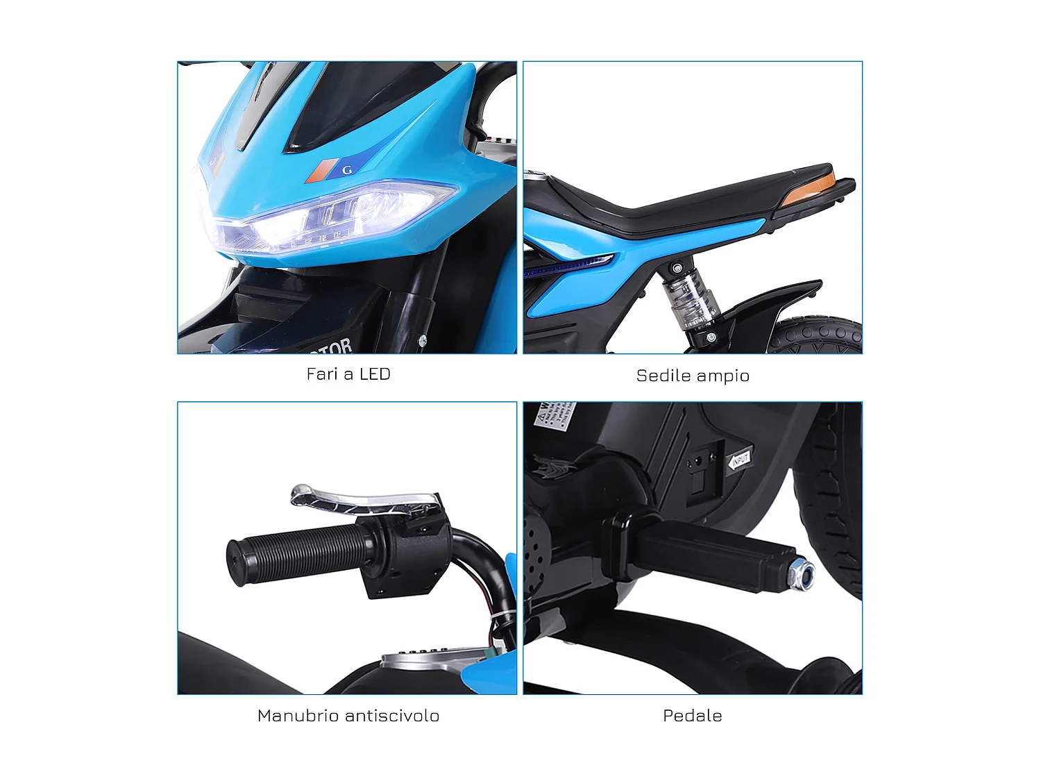 Moto elettrica per bambini 6v con rotelle e fari azzurro e nero