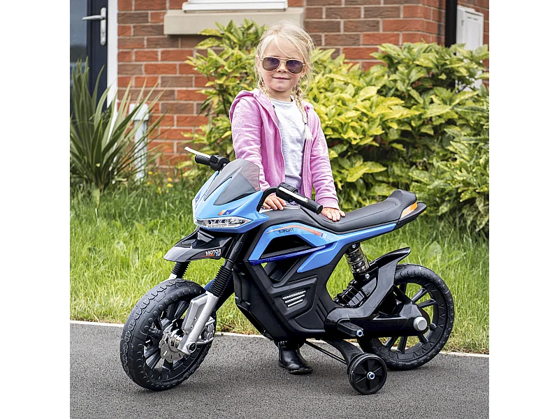 Moto elettrica per bambini 6v con rotelle e fari azzurro e nero
