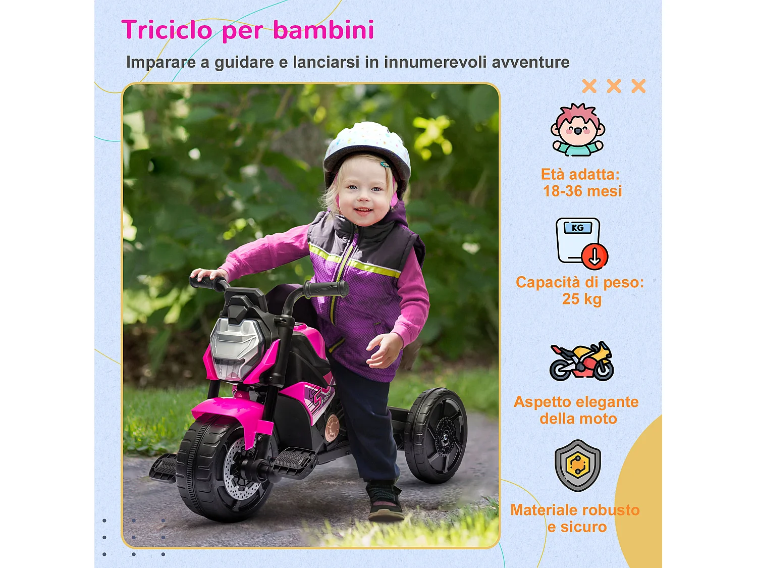 Triciclo per bambini 18-36 mesi design 3 in 1 in pp e acciaio rosa