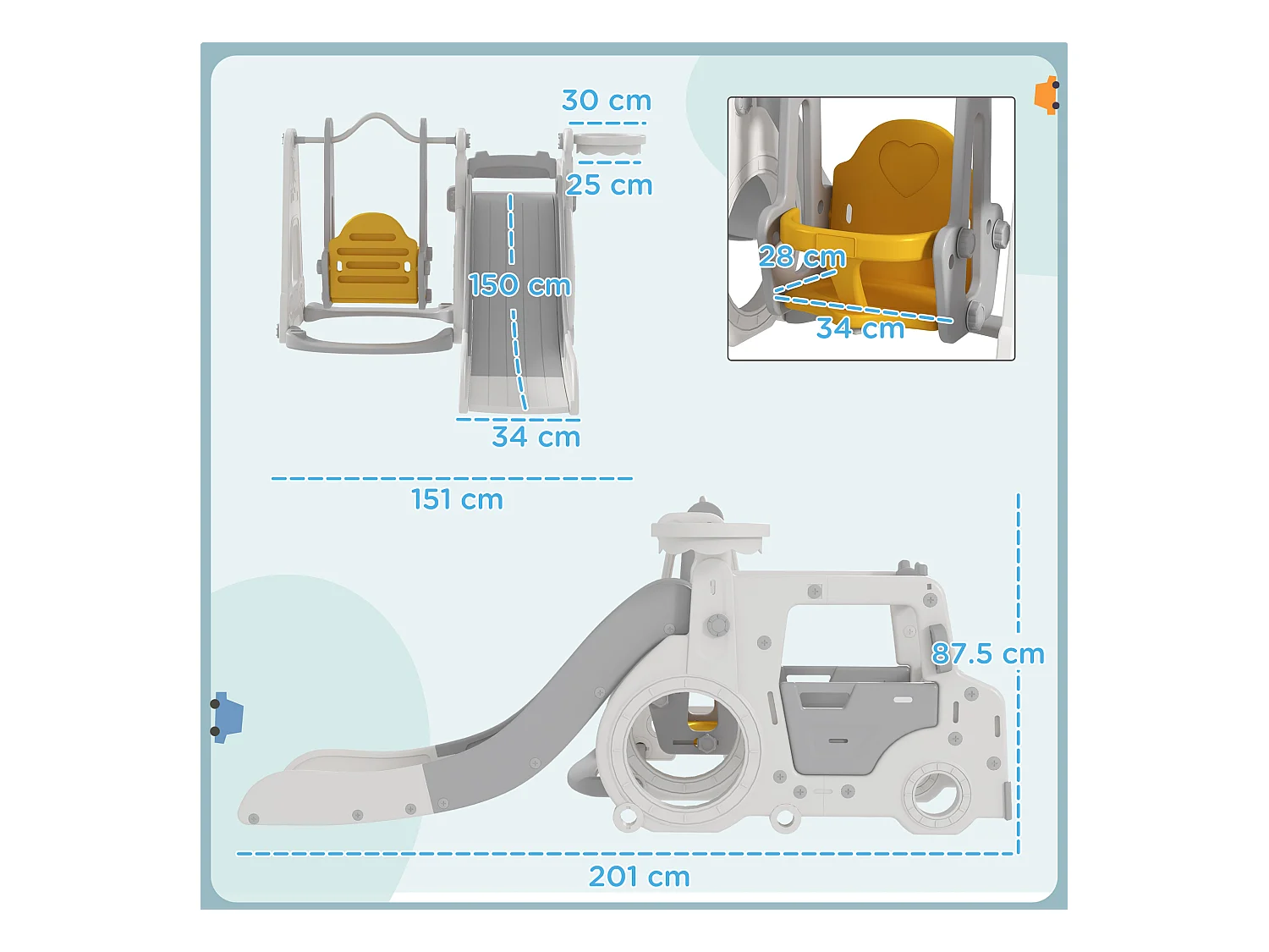 Set scivolo bambini 18-48 mesi con altalena macchina e canestro bianco