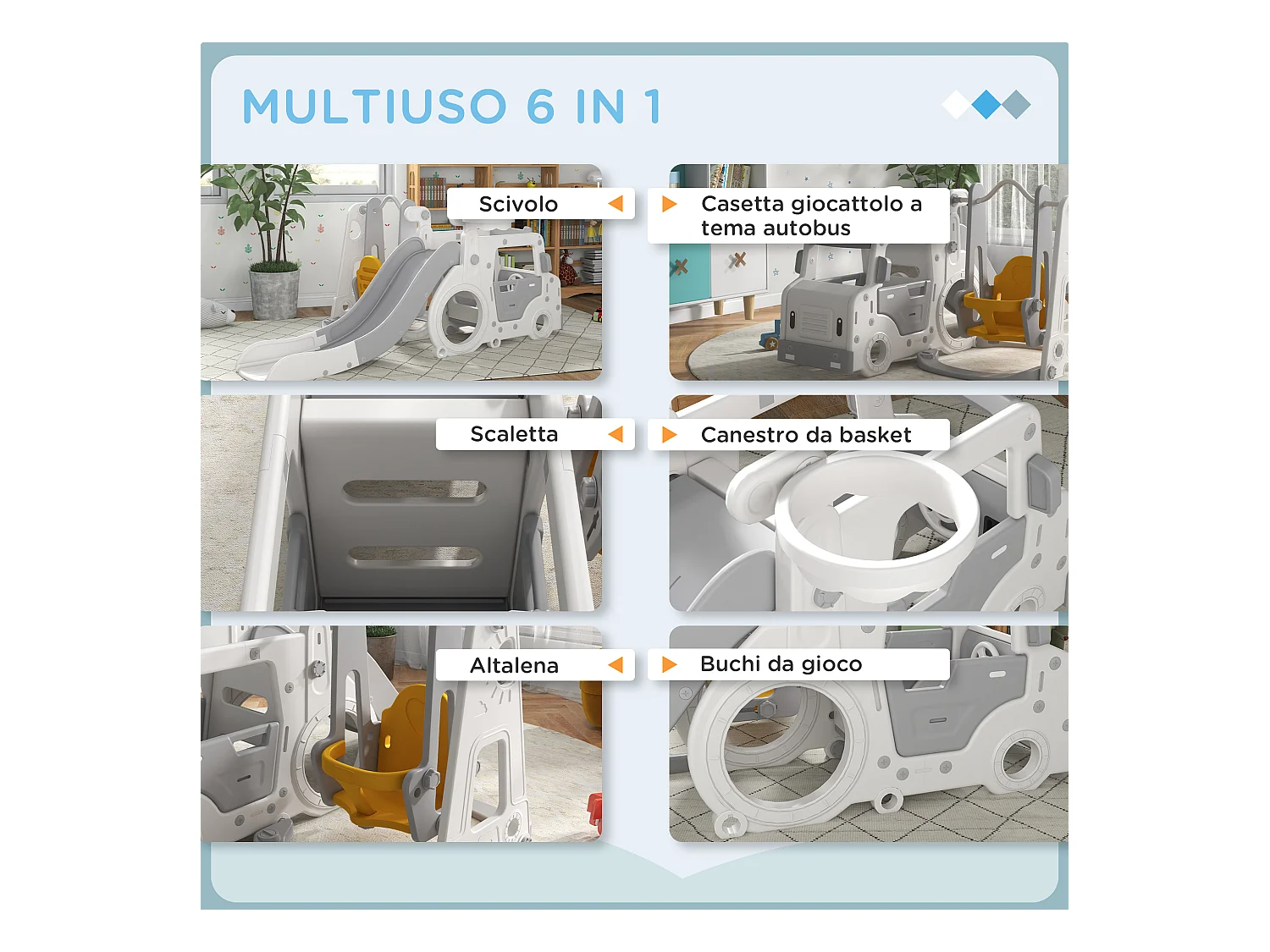 Set scivolo bambini 18-48 mesi con altalena macchina e canestro bianco