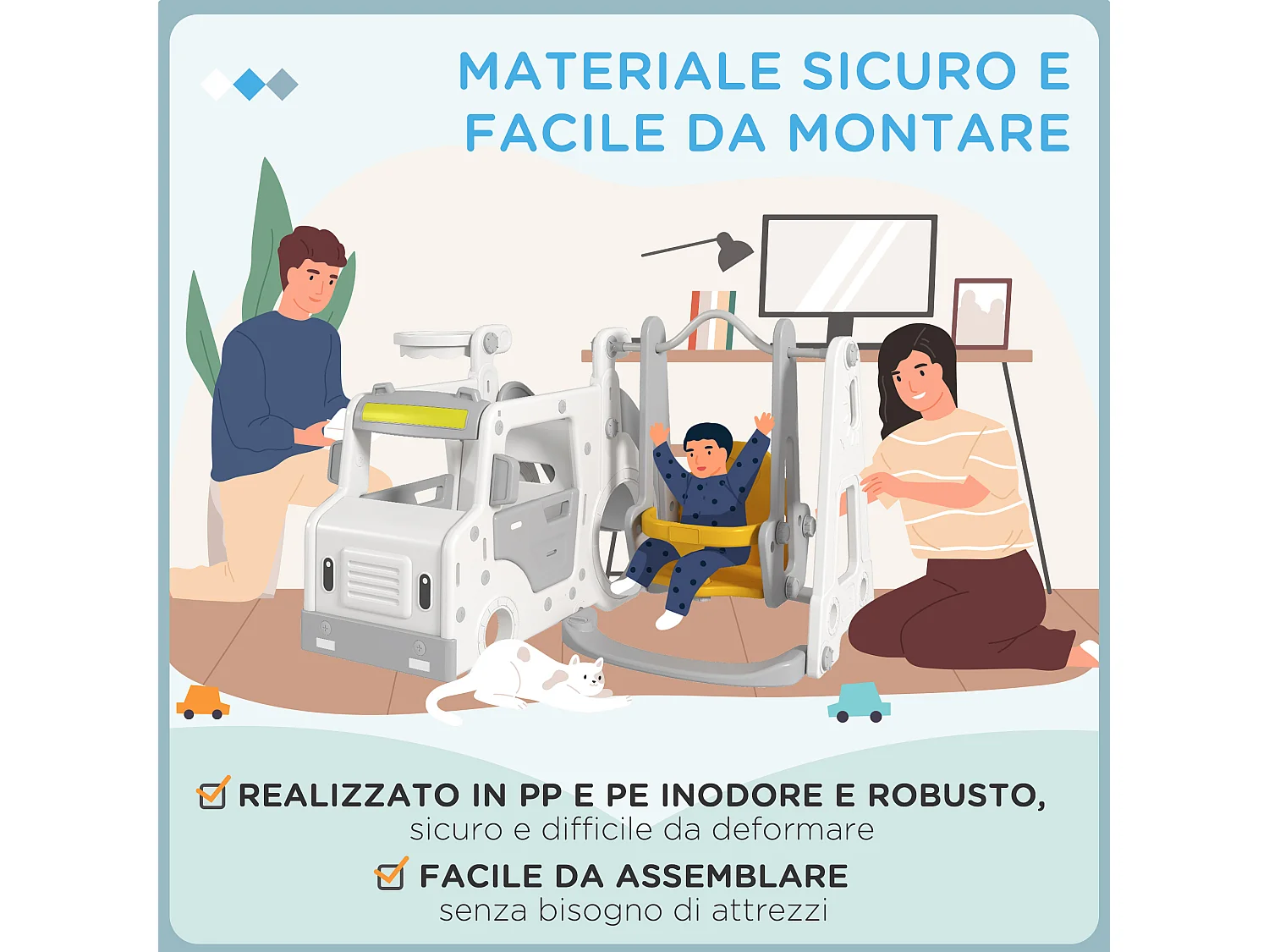 Set scivolo bambini 18-48 mesi con altalena macchina e canestro bianco