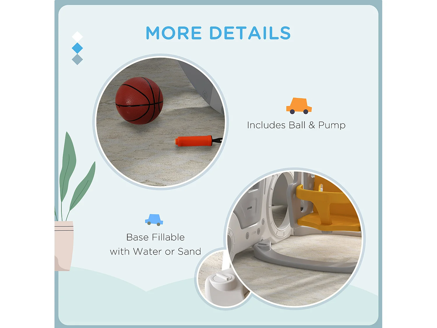 Set scivolo bambini 18-48 mesi con altalena macchina e canestro bianco