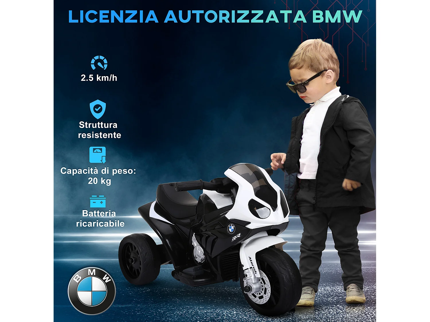 Moto elettrica per bambini licenza bmw con 3 ruote bianco e nero