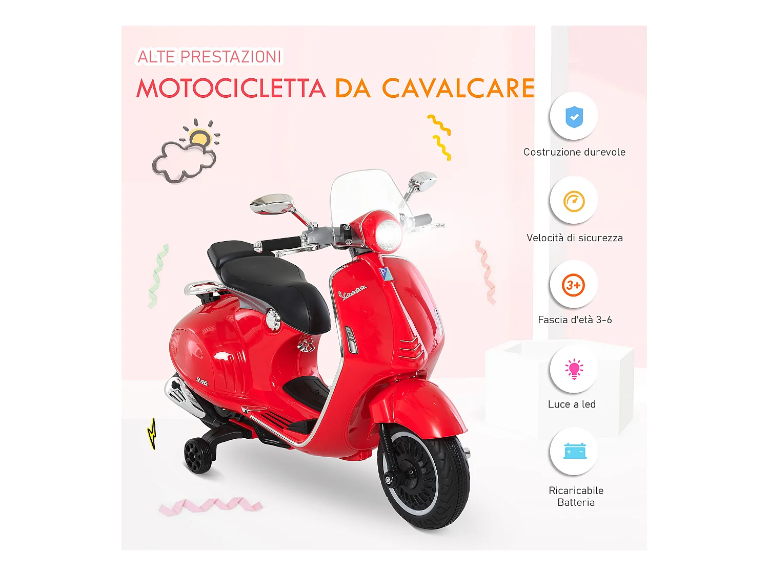 Moto elettrica per bambini con rotelle luci e suoni rossa