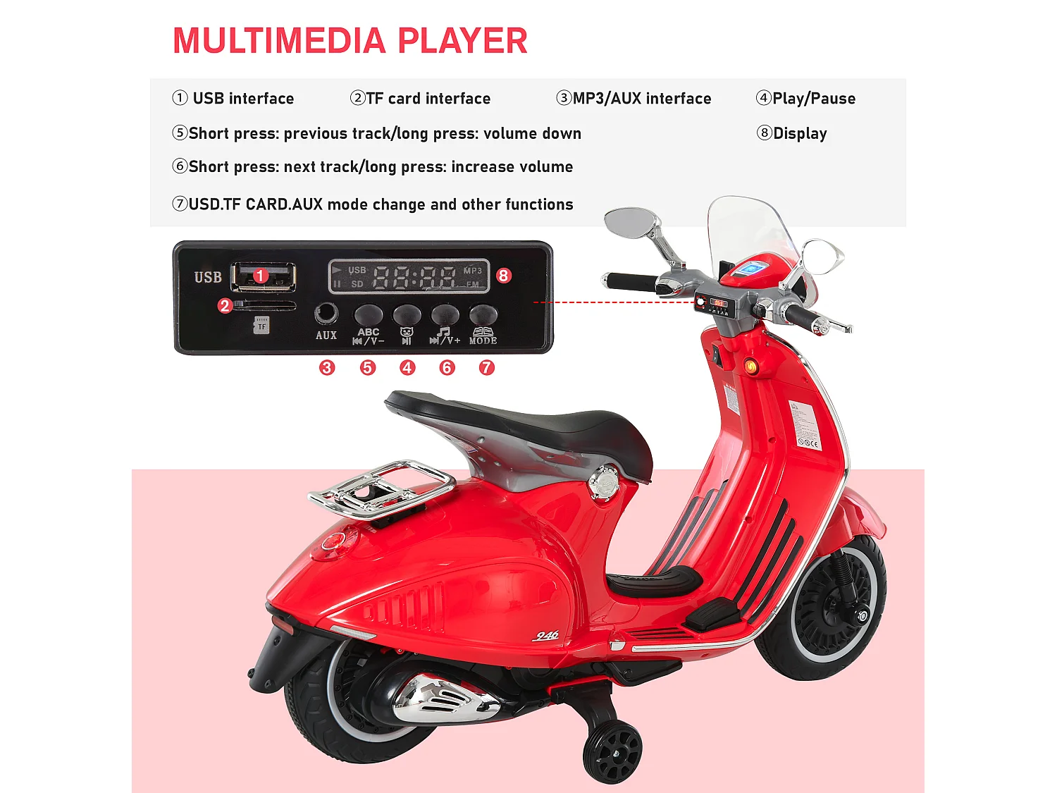Moto elettrica per bambini con rotelle luci e suoni rossa