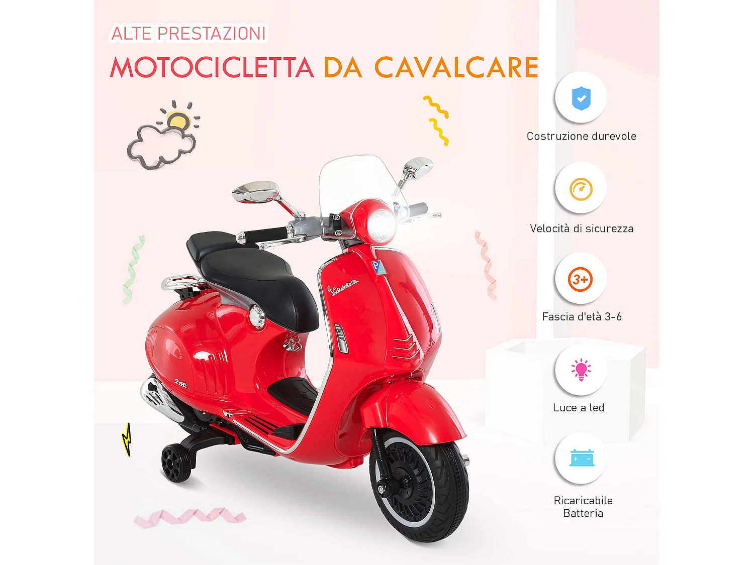 Moto elettrica per bambini con rotelle luci e suoni rossa