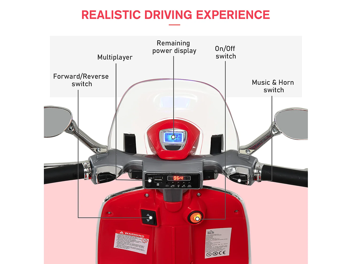 Moto elettrica per bambini con rotelle luci e suoni rossa