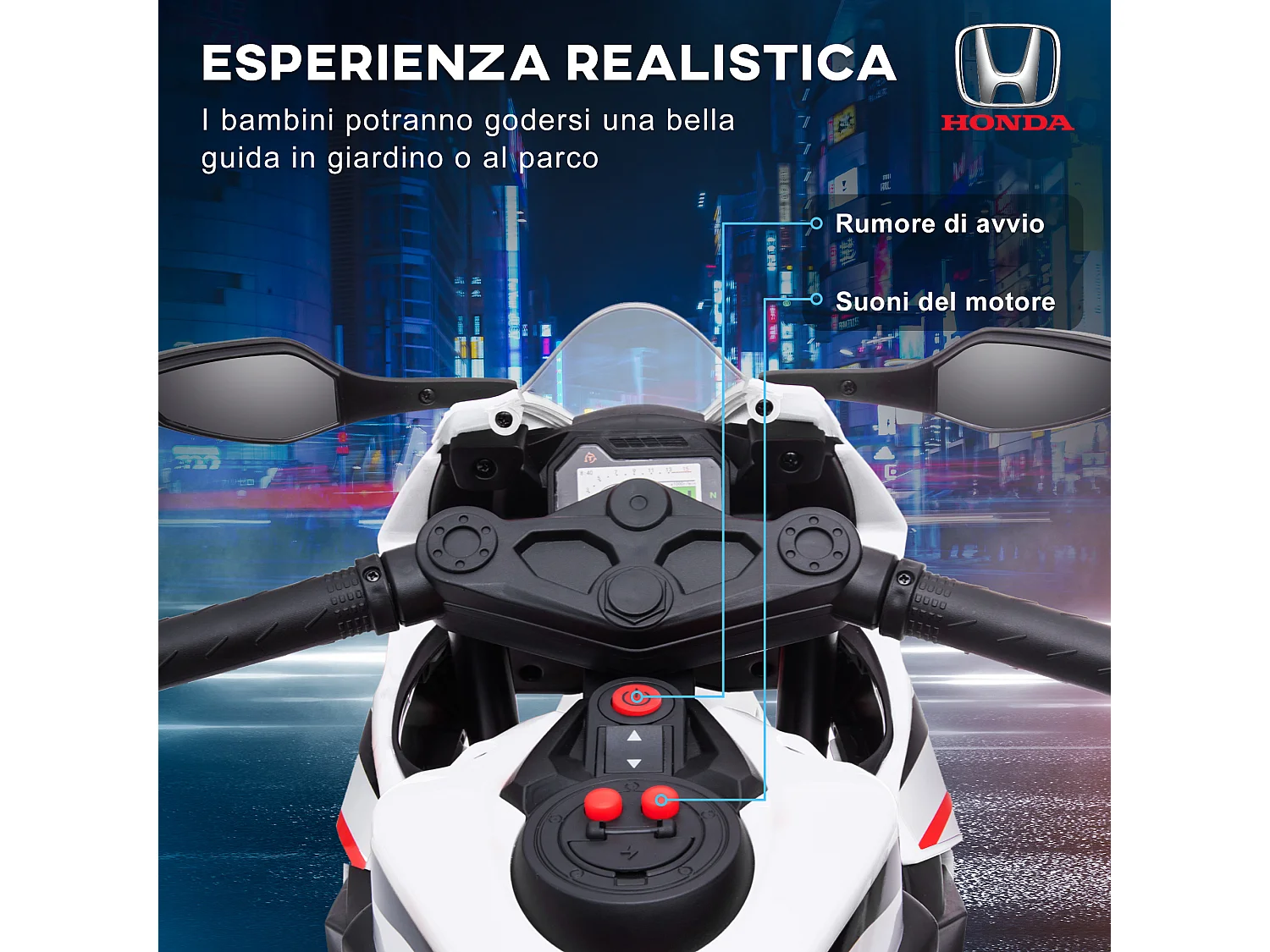 Moto elettrica per bambini con licenza honda 6v velocità 3km/h bianco