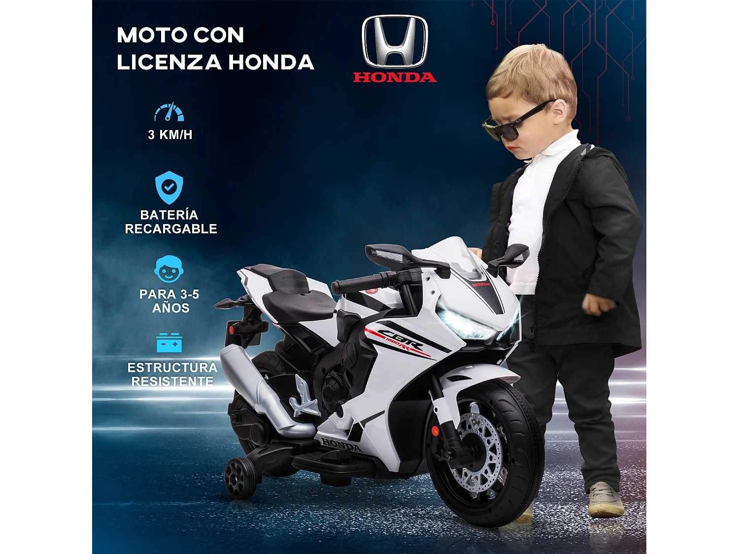 Moto elettrica per bambini con licenza honda 6v velocità 3km/h bianco