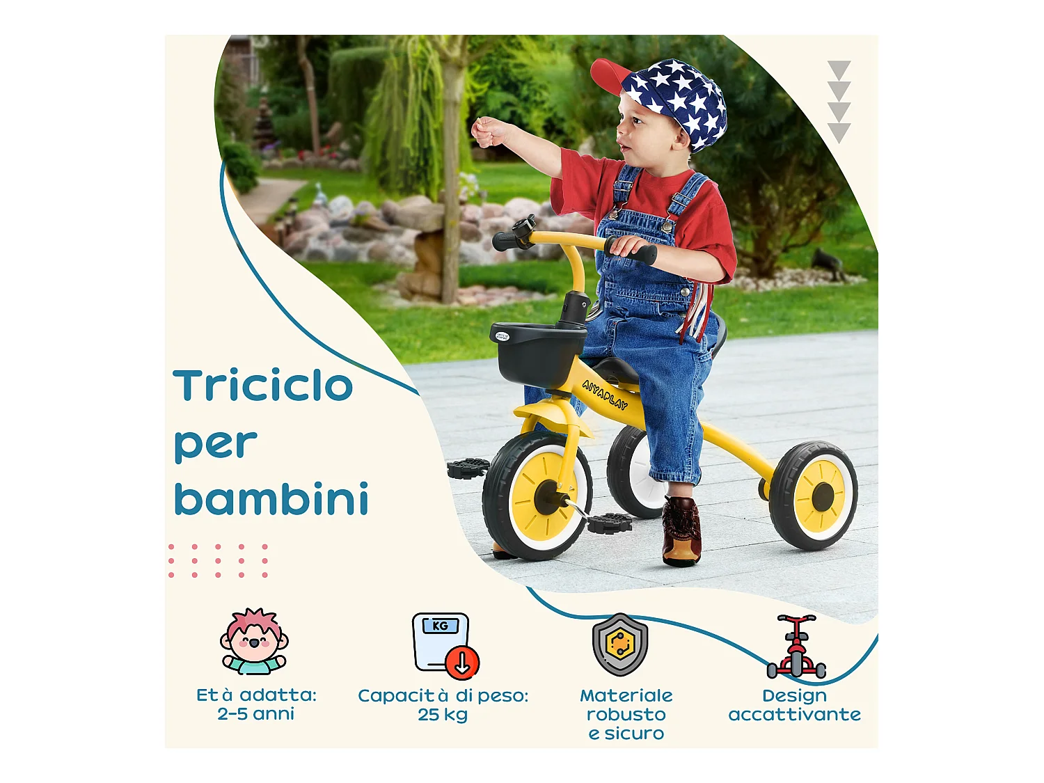 Triciclo per bimbi 2-5 anni regolabile con campanello giallo