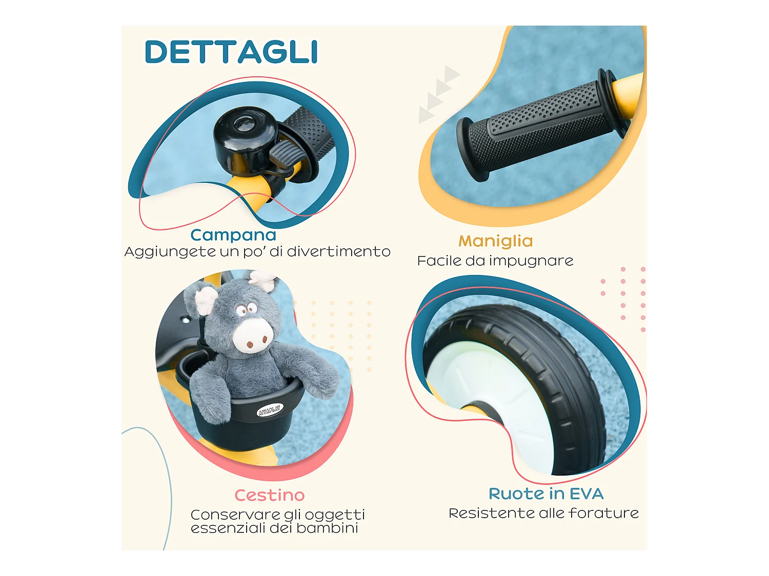 Triciclo per bimbi 2-5 anni regolabile con campanello giallo