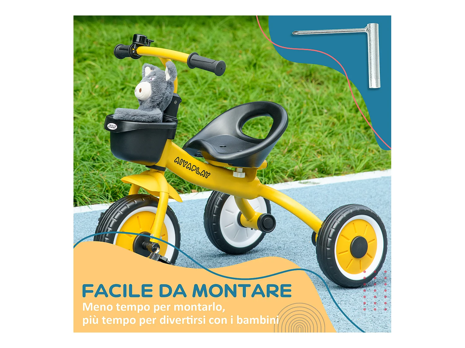 Triciclo per bimbi 2-5 anni regolabile con campanello giallo