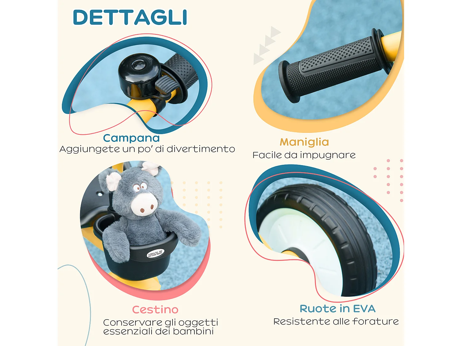 Triciclo per bimbi 2-5 anni regolabile con campanello giallo