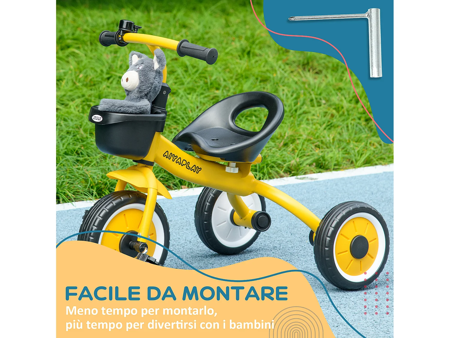 Triciclo per bimbi 2-5 anni regolabile con campanello giallo